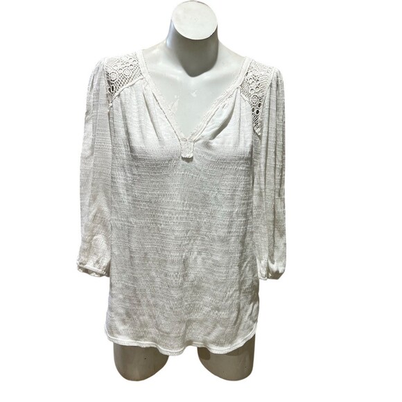 Max Studio Blouse Womens Size L Ivory Peasant V-Neck Tassel Tie Boho - Picture 3 of 7